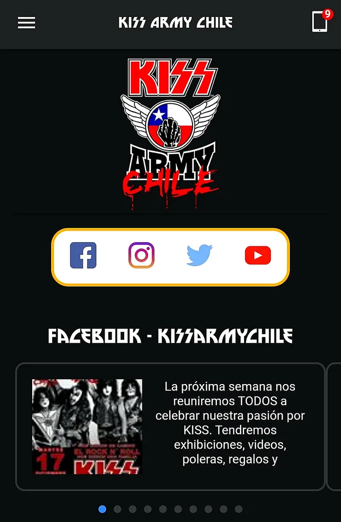 Pantalla principal de la aplicación móvil de KISS Army Chile