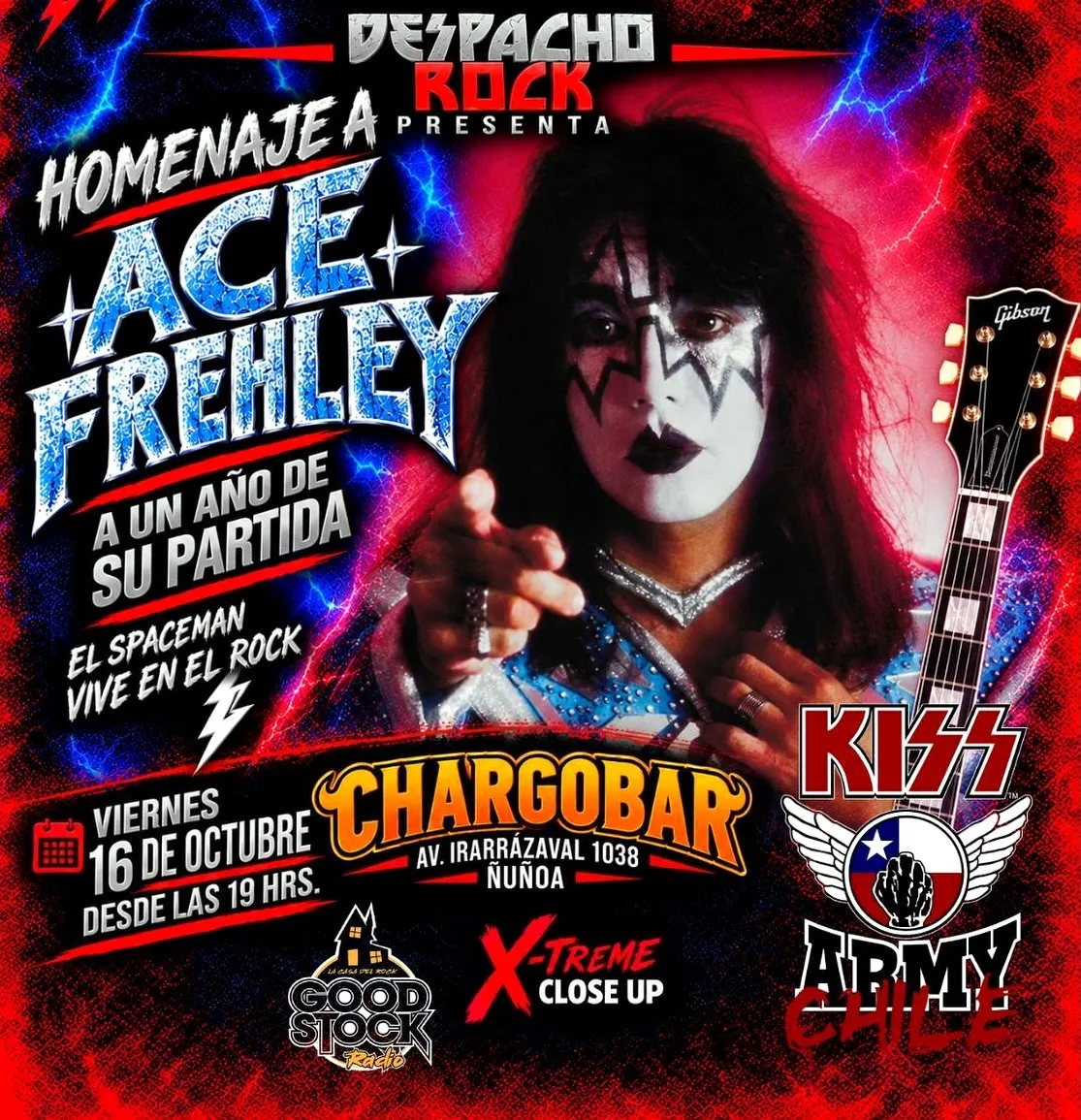 Afiche del homenaje a Ace Frehley, a un año de su partida, el viernes 16 de octubre desde las 19 horas en Chargobar, Ñuñoa, presentado por Despacho Rock
