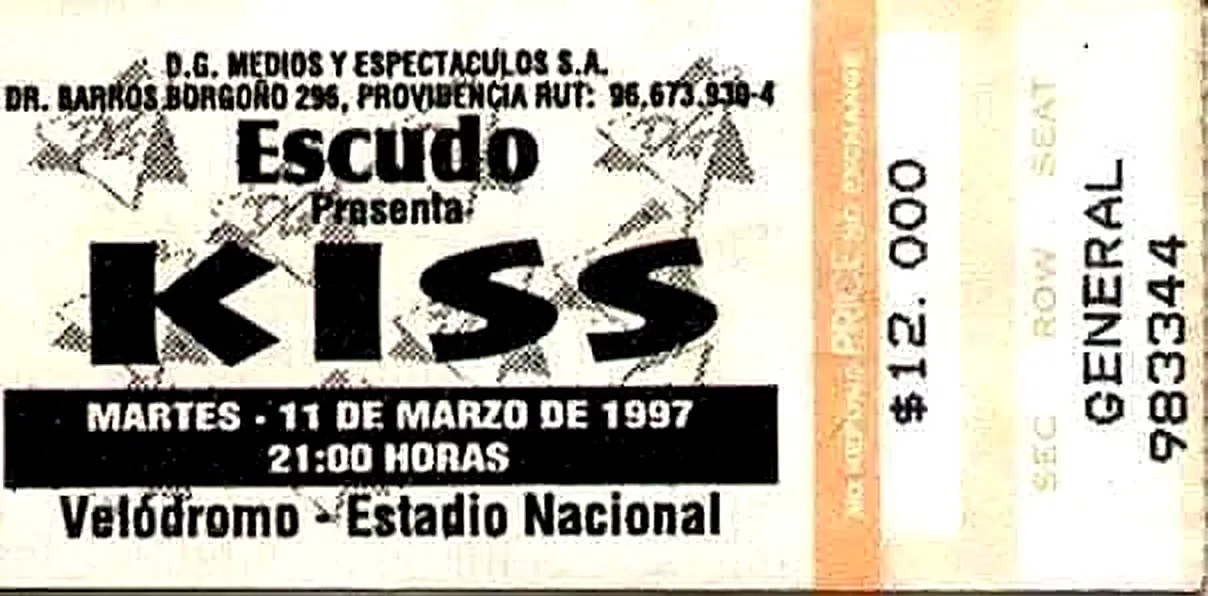 Entrada del concierto de KISS en Chile, 11 de marzo de 1997, Velódromo del Estadio Nacional