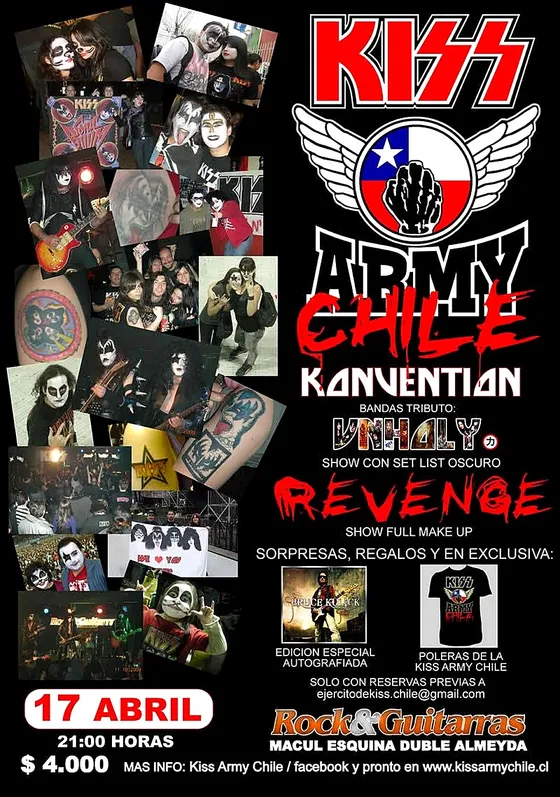 Afiche de la KISS Army Chile Konvention, 17 de abril de 2010, con las bandas tributo Unholy y Revenge