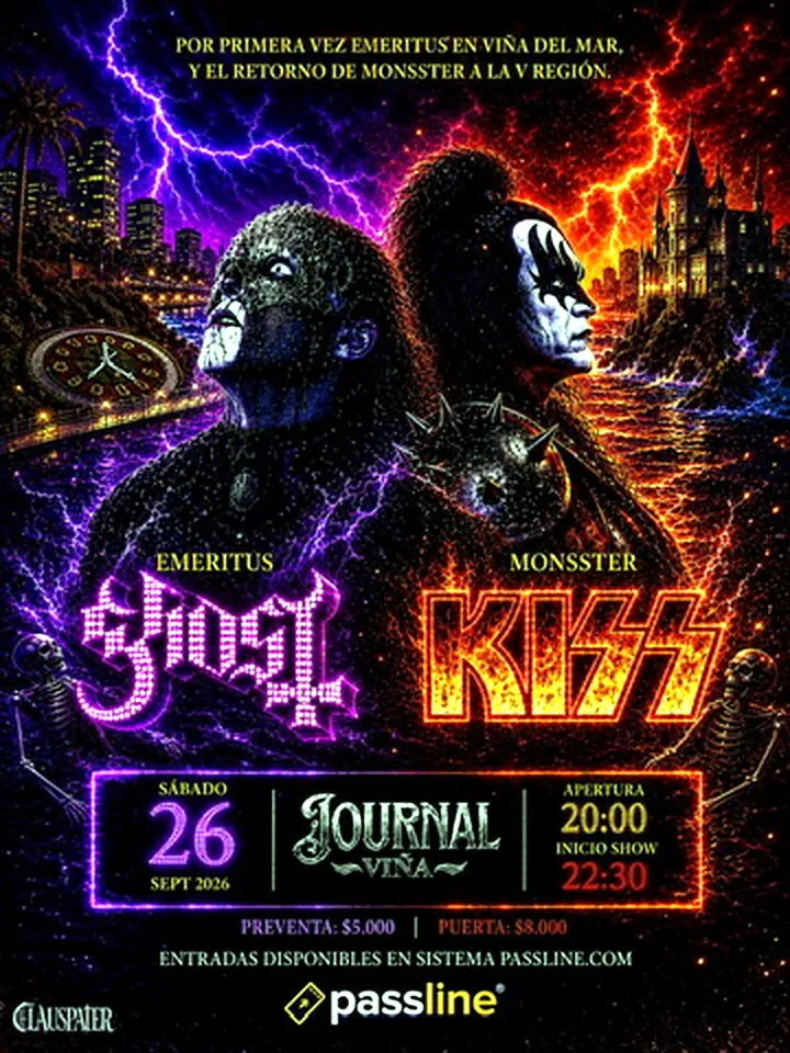 Afiche del show de Monsster (tributo a KISS) y Emeritus (tributo a Ghost) en Journal Viña del Mar, sábado 26 de septiembre de 2026